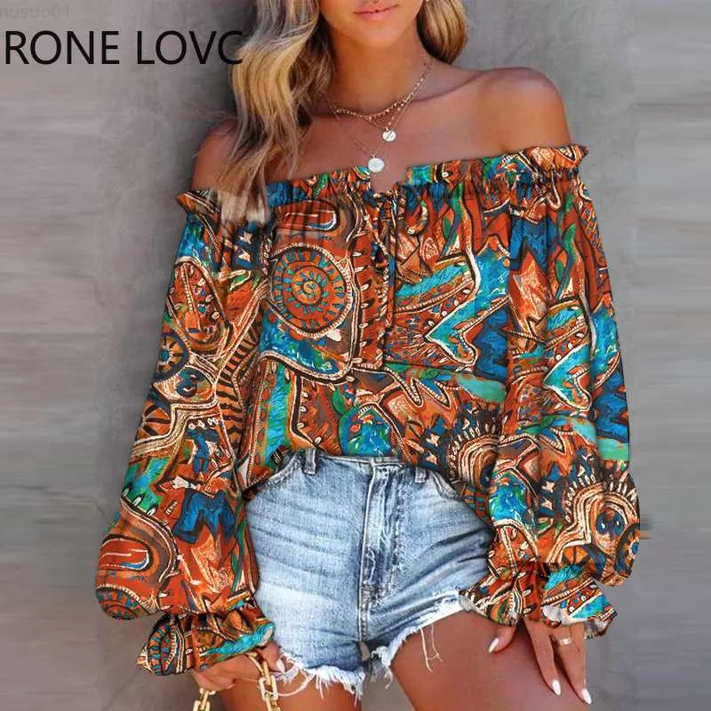 Women's Blouses Shirts 2023 Women Tops Chic Tribal Print Off Shoulder Lantern Sleeve Top Crop Top Spring Blouse Vacation Tops L230712