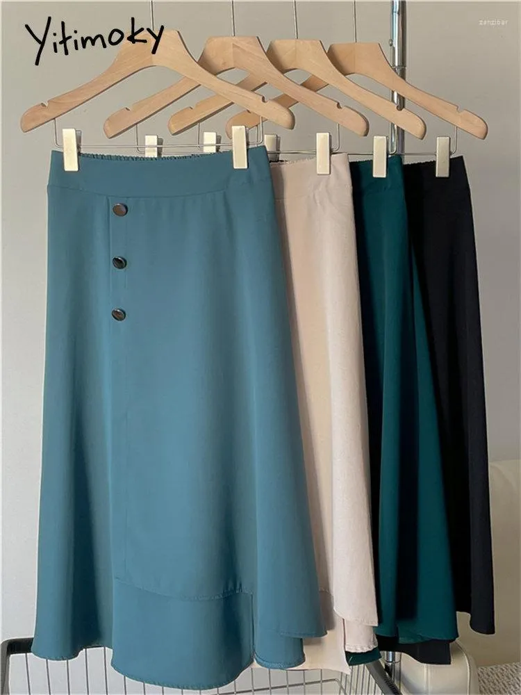 스커트 Yitimoky Solid Midi Skirt for Women 2023 High High Wareed 한국 패션 비대칭 버튼 업 우아한 라인 캐주얼