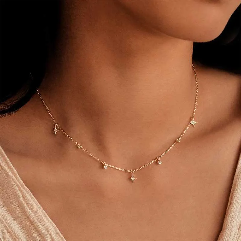 Anhänger Halsketten Aide 925 Sterling Silber Zirkon Stern Charms Halsketten Für Frauen Elegante Luxus 18k Gold Überzogene Kette Halskette Choker schmuck HKD230712