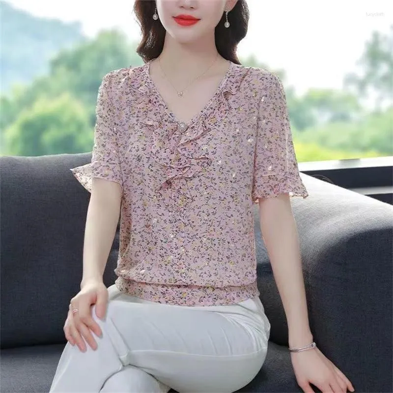 Woman Summer Style Chiffon Blouses Tops Lady Casual Short Flare
