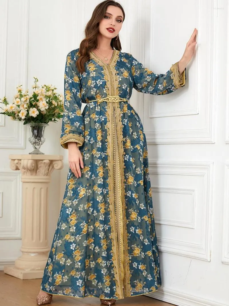 Vêtements ethniques Femmes Musulman Marque Vert Broderie Ceinture En Mousseline De Soie Longue Jupe Turque Abaya Arabe Islamique Marocain Kraftan Robe