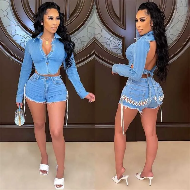 Nya jeans Set Womens Tracksuits Sexig Backless Jacket Corn Denim Shorts Outfits Two Piece Pants Set Casual Elastic Clothes