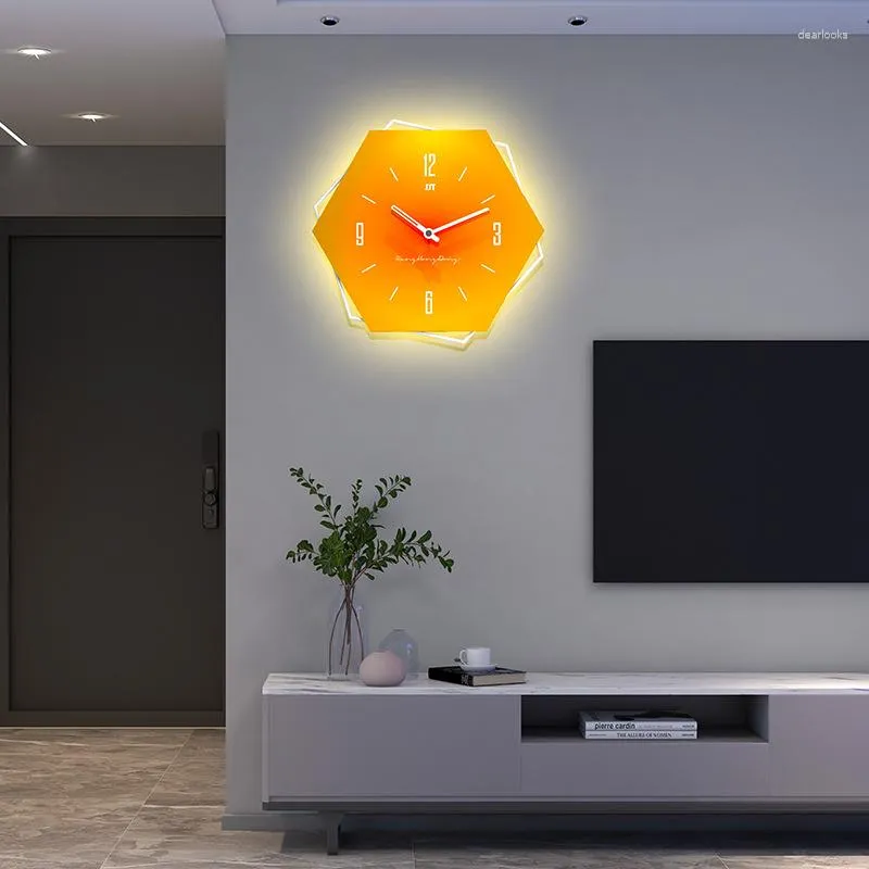 Horloges Murales Polygonale Simple Horloge Suspendue Avec Lumières Aiguilles À Quartz Gris Chiffres Arabes Fer Pointeurs Montre Salon Décor À La Maison