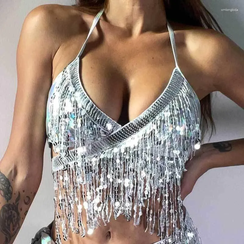 Fashion Glitter Belly Dance Camisole Tops Sequins Tassel Bra Tops Costume 