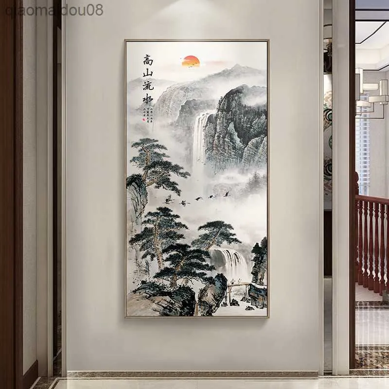 Pintura em tela de pinho de saudação de paisagem de montanha abstrata impressão de pôster de arte de parede chinesa para decoração de escritório em casa L230704