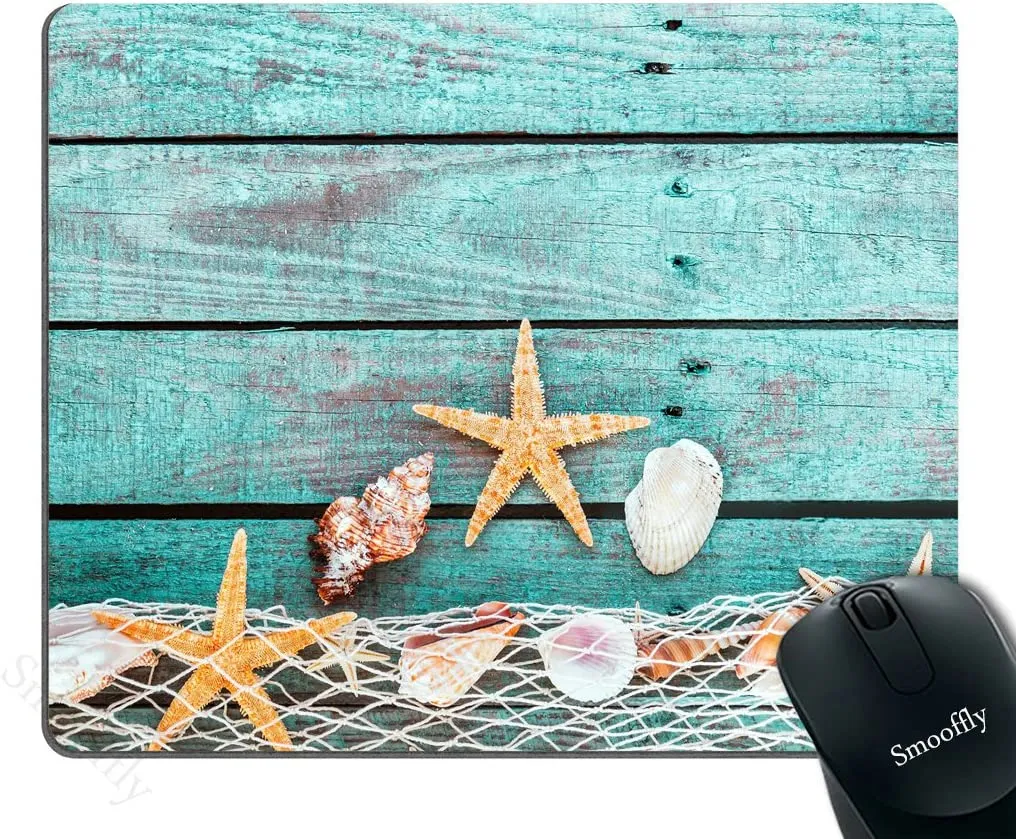 Mouse Pad Custom,Pretty Turquoise Blue Nautical Background Decorated with Draped Fishing net and Starfish