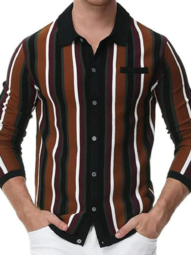 Koszulki męskie Żakardowa koszulka polo w paski Wiosna i jesień Sweter z dzianiny z długim rękawem i klapami 230711
