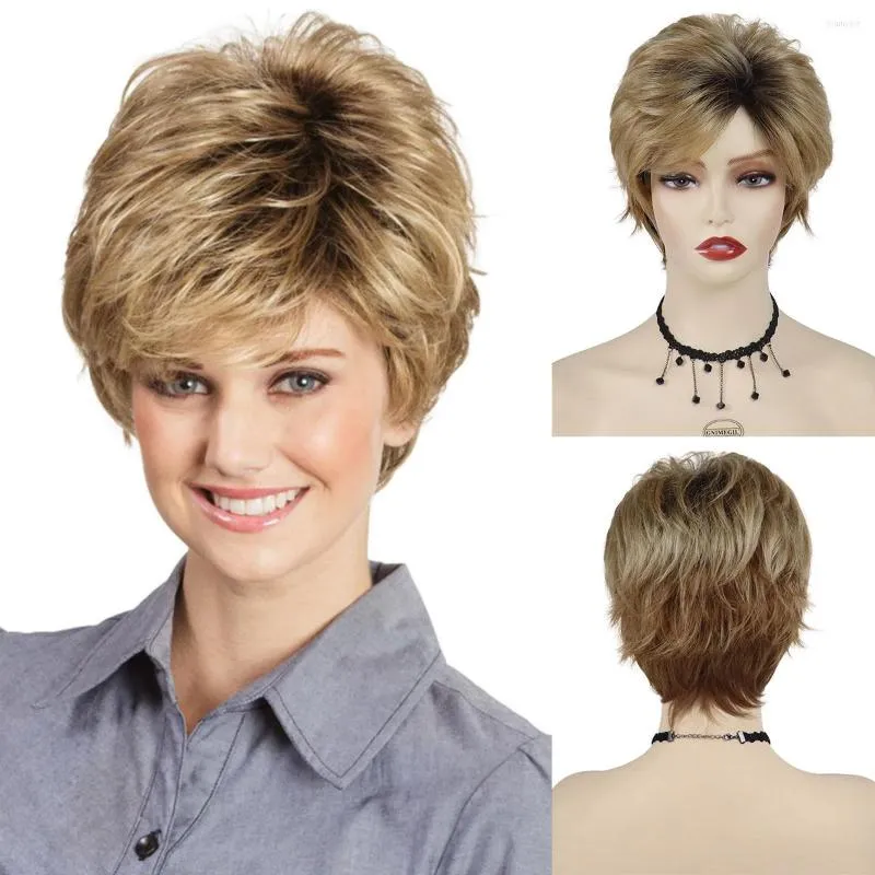 Perruques synthétiques GNIMEGIL Cheveux raides courts Perruque de maman avec une frange Blonde Mix Brown Layered Daily Cosplay Party Coiffure naturelle