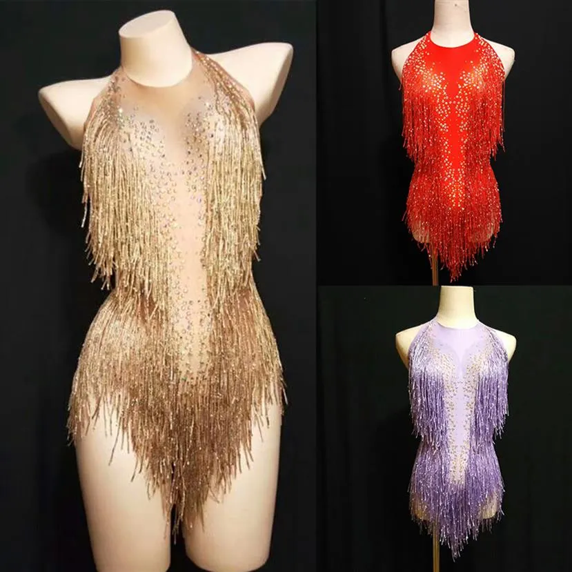 Işıltılı altın rhinestones püskül bodysuit kadın şarkıcı dj seksi holografik tekerleği caz beyonce kostüm kristalleri kıyafeti dl1012263u