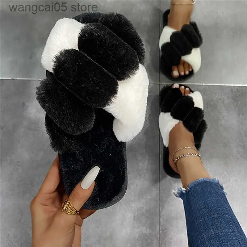 Slippare Home Slides Flat Fashion Indoor Floor Shoes Ladies Flip Flops Classic Design Women Winter House Furry Slippers Fluffy Faux Fur T230712