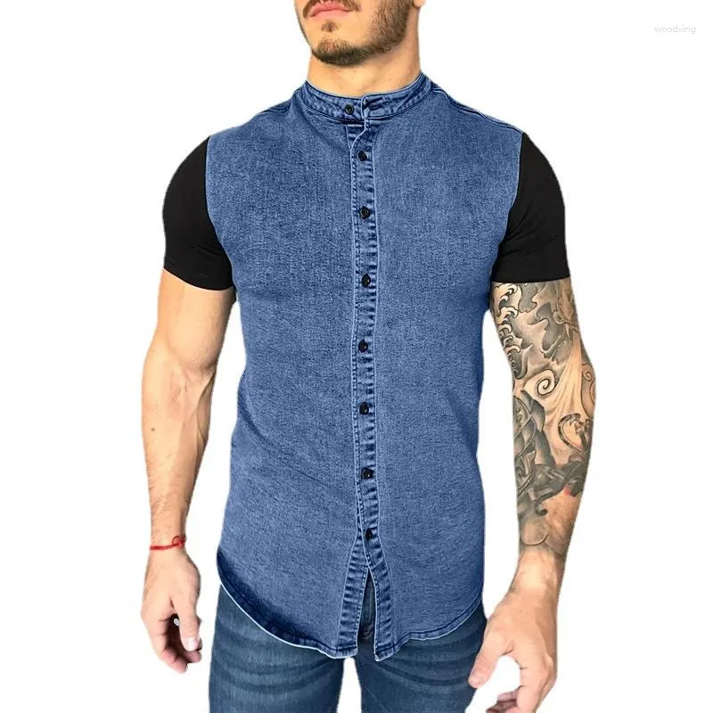 Chemises décontractées pour hommes Vintage Imitation Denim Patchwork chemise à manches courtes T-shirt ample boutonné 2023 été pour hommes vêtements