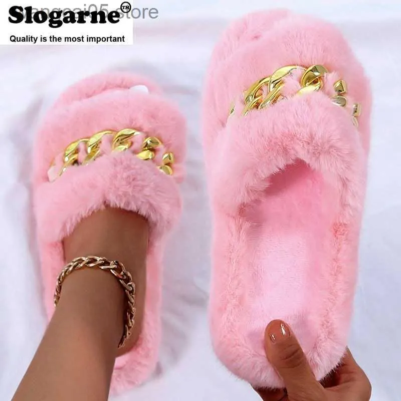 Slippers 2022 Koppels Herfst Winter Huis Slippers Liefhebbers Vrouwen Mannen Winter Faux Fur Schoenen Zachte Pluizige Thuis Slippers Flats metalen Ketting T230712