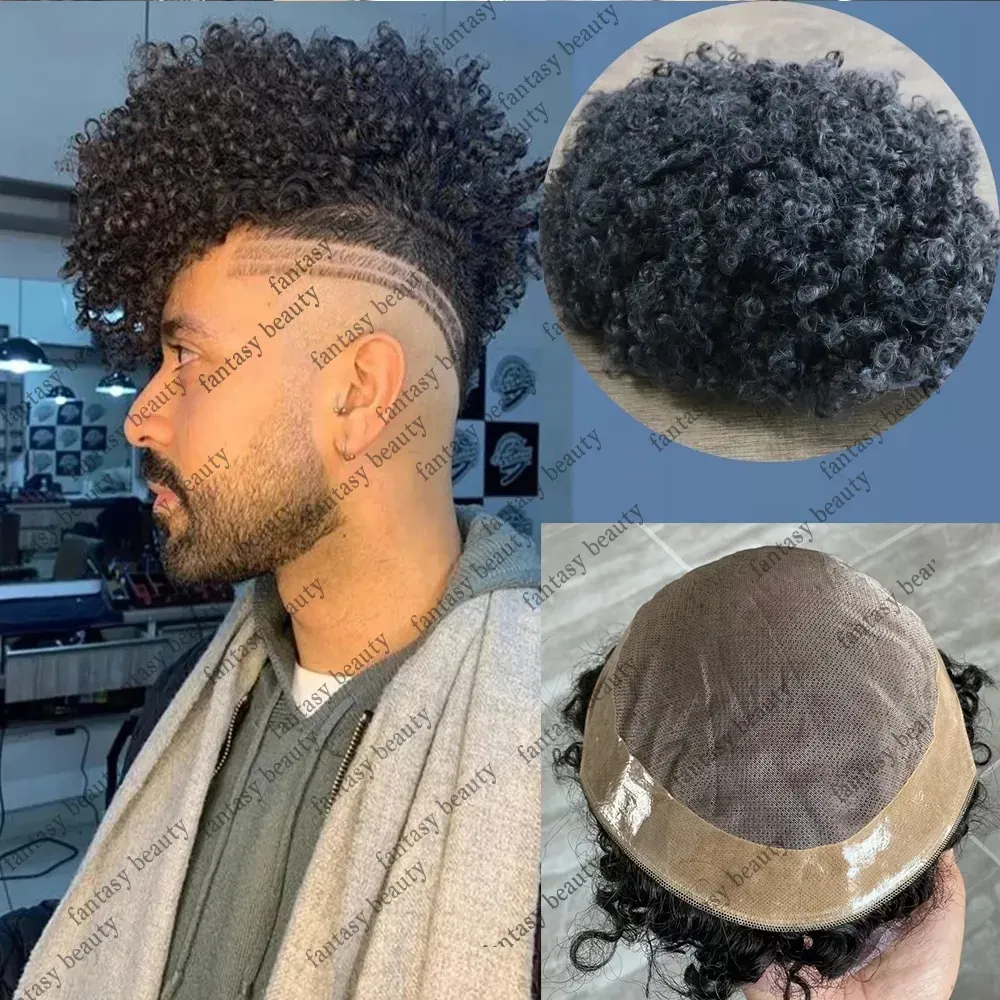 8mm Afro Kinky Curly Toupee for Black Men Mono Lace Front with PU Back,  100% Human Hair Unit, Natural Hairline