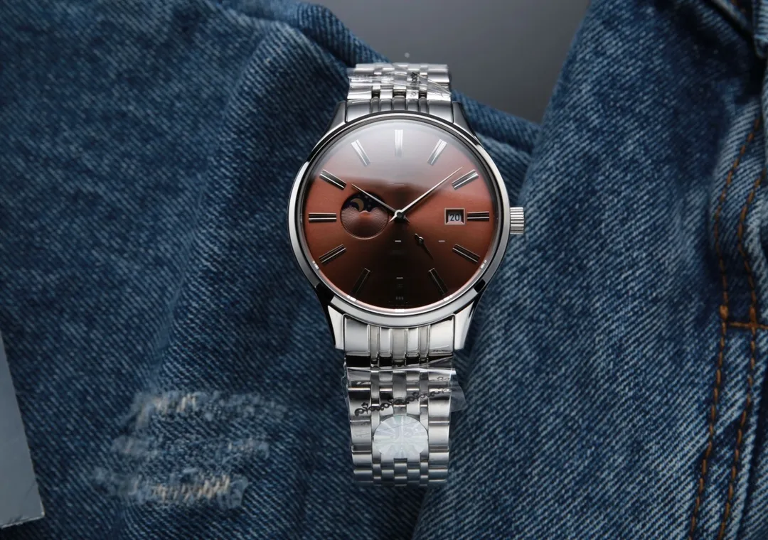 Montre pour homme, équipée du mouvement 8219 importé d'origine, affichage 24 heures/phase de lune vraie, miroir en verre saphir, bracelet en acier inoxydable, diamètre 39X10m