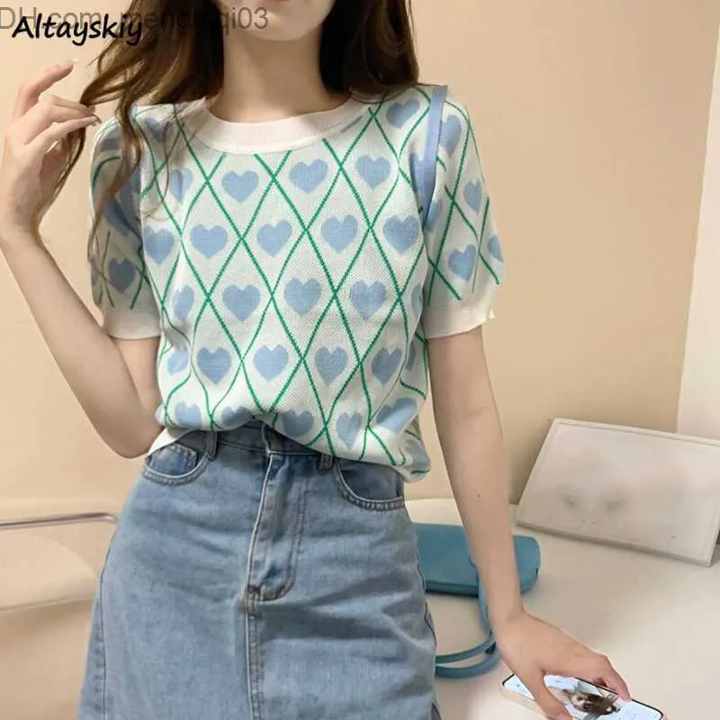 T-shirt da donna T-shirt a maniche corte in maglia T-shirt da donna Sweetheart Cute Argyle Top estivo sottile Ulzzang Harajuku dent Fashion Estetica S-5XL Z230712