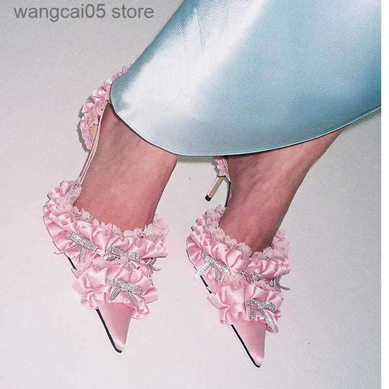 Sandals العلامة التجارية Satin Bowknot مضخات للنساء الفاخرة Sweet Girls Slingback Slingback High Cheels مدببة إصبع القدم مثير فستان أحذية الزفاف T230712