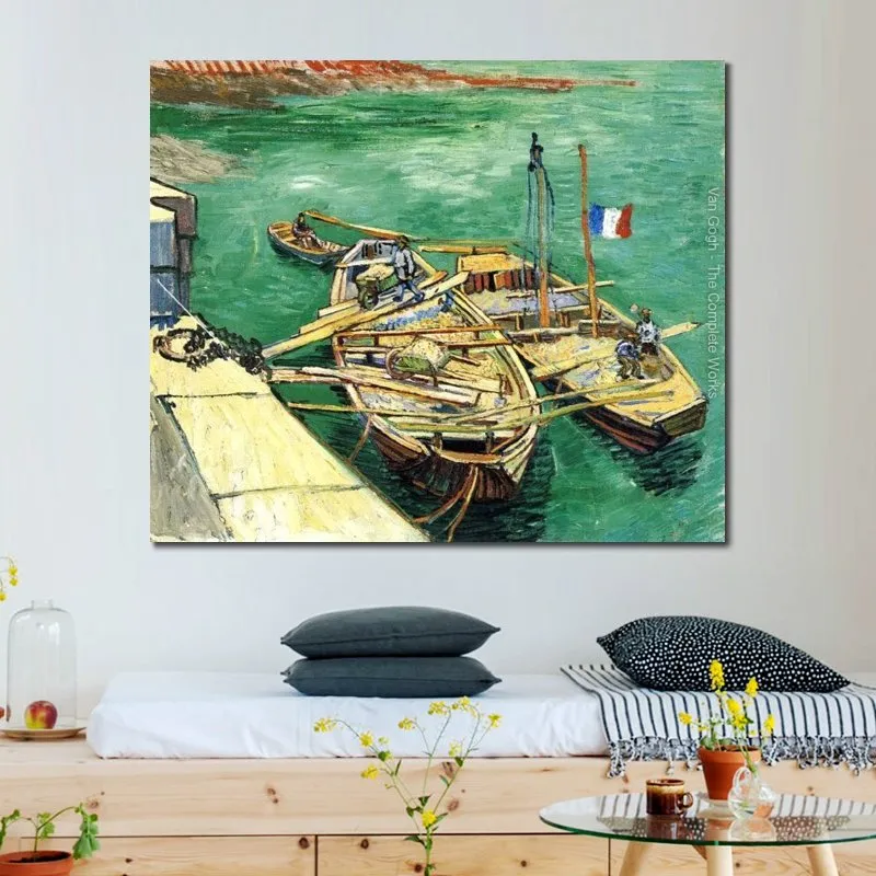 Dipinti ad olio dipinti a mano su tela di Vincent Van Gogh Sand Barges Garden Landscape Artwork per l'arredamento del ristorante