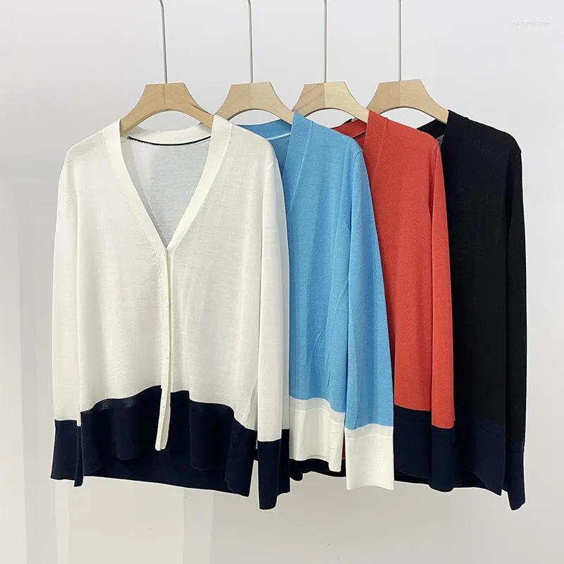 Maglieria da donna Cardigan lavorato a maglia autunnale con scollo a V in cashmere di seta pettinata Top abbinato a colori sciolti per le donne