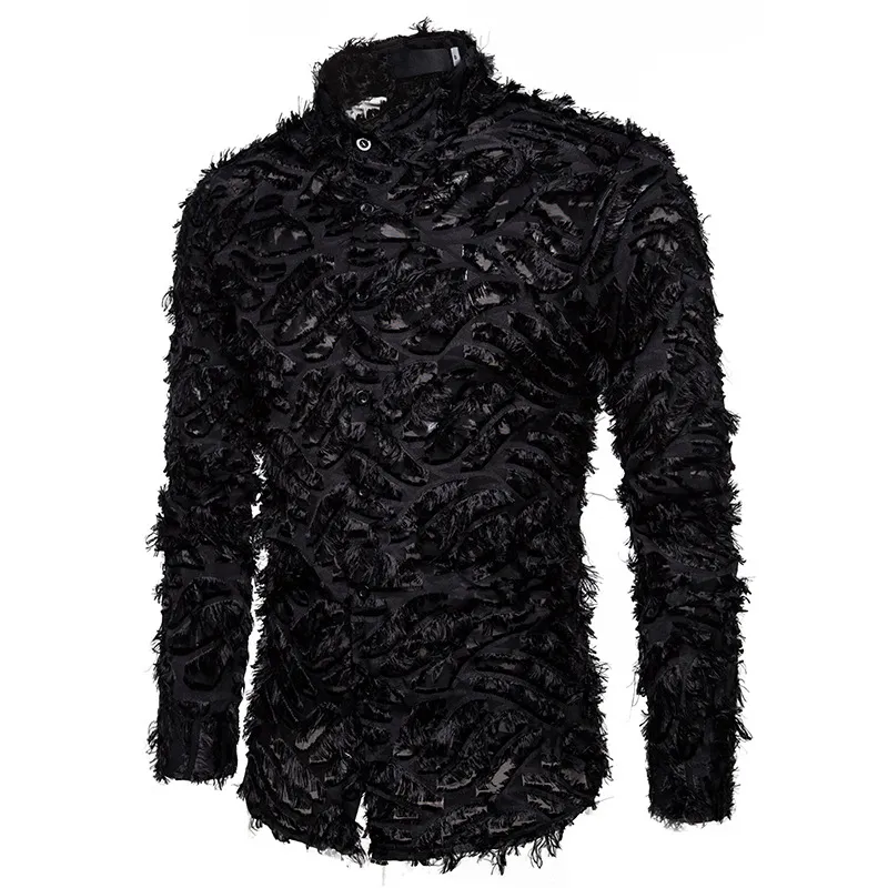 QNPQYX New Sexy Black Feather Lace Shirt Men Fashion See Through Clubwear Dress Shirts Mens Event Party Prom Transparent Chemise S-3XL