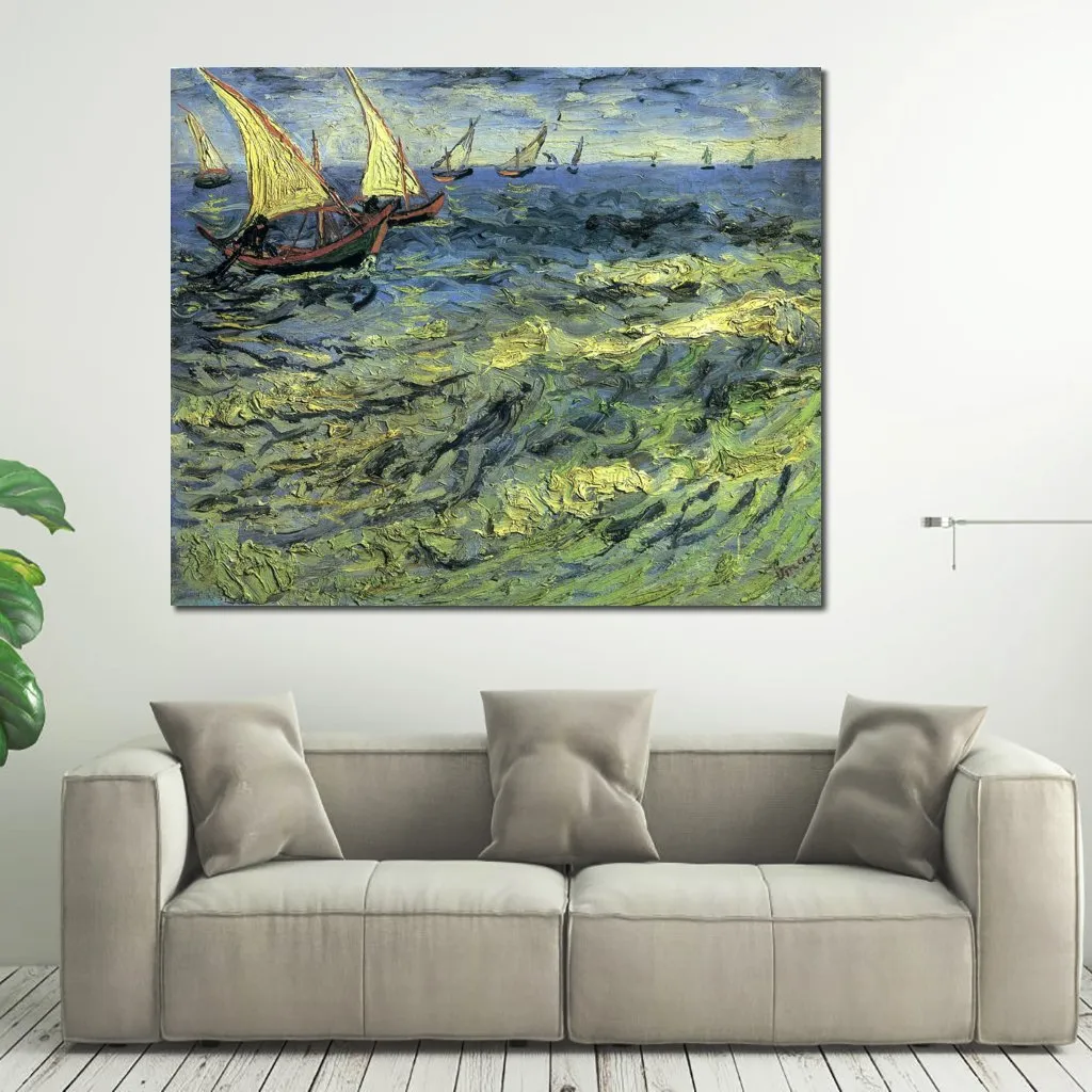 Pintura a óleo feita à mão de Vincent Van Gogh, barcos de pesca no mar, arte moderna em tela, paisagem moderna, decoração de sala de estar