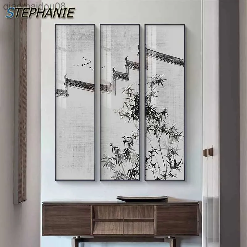 Chinese Ink Building Bamboo Canvas Painting Nordic Home Decoration Wall Poster and Print Wall Art Picture Large Size Wall Decor L230704