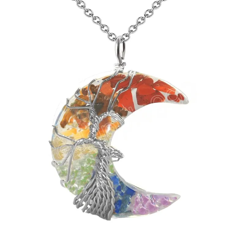 7 Chakra Crystal Ghiaia Albero della vita Collana fatta a mano Wire Wrap Crescent Moon Pendant Reiki Quartz Pendant Chain Collana in resina