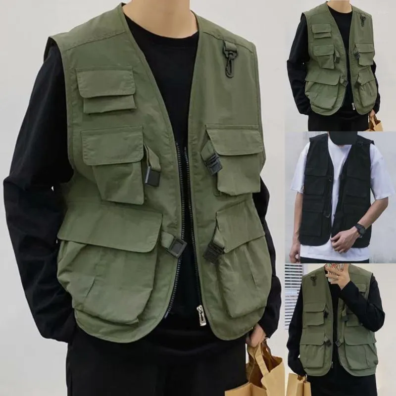 Männer Westen Klassische Cargo Weste Einfarbig Multi Taschen Streetwear Männer Dünne Weste Jacke Schnallen Verschluss