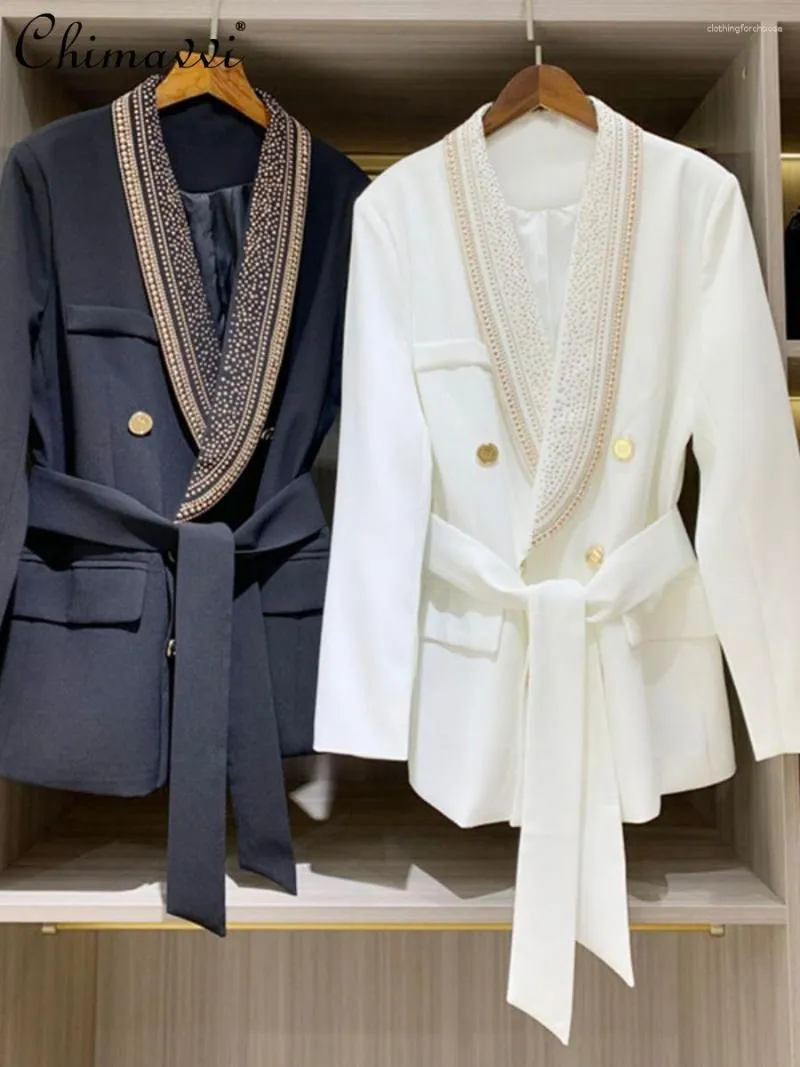 Women's Jackets High-End Fashion Metal Sheet Series Belt Coat 2023 Autumn Clothes Mid-Length Suit Office Lady Blazers Women