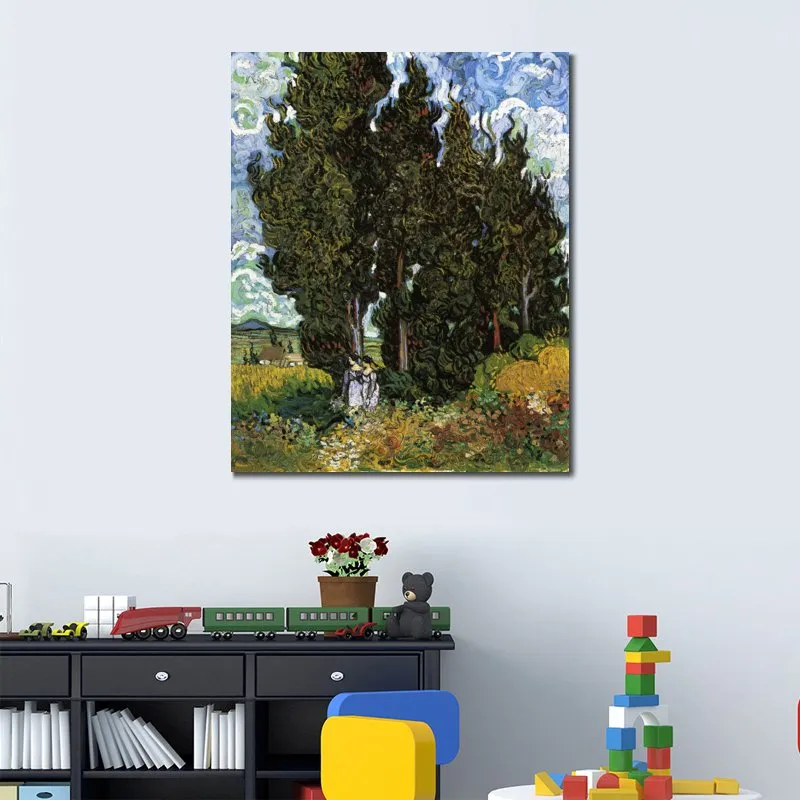 Impressionist Canvas Art Cypresses with Two Female Figures Vincent Van Gogh Oil Painting Handmade Landscape Modern Bedroom Decor