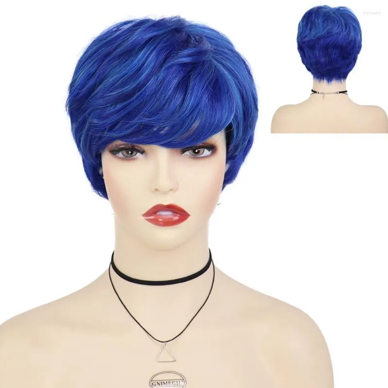 Perucas Sintéticas GNIMEGIL Curto Para Mulheres Azul Curly Haircut Peruca Com Franja Traje Cosplay Feminino Halloween Moda Natal