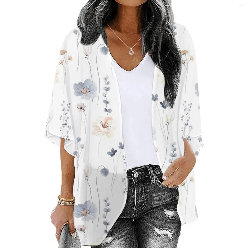 Ethnische Kleidung Sommer Damen Blumendruck Puffärmel Chiffon Kimono Cardigan Lose Cover Up Casual Bluse Tops