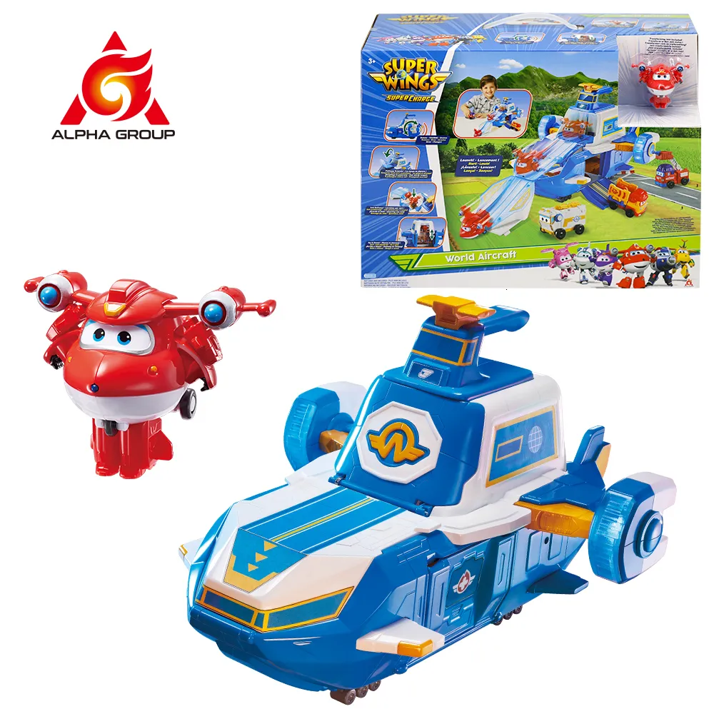 ElectricRC Aircraft Super Wings S4 World Aircraft Playset Air Moving Base With lights Sound Includes 2 Jett Transforming Bots Toys For Kids Gifts 230711