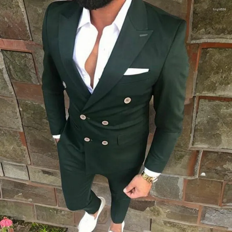 Costumes pour hommes vert foncé Double boutonnage décontracté Slim Fit 2 pièces mariage marié smoking veste avec pantalon mâle mode tenue 2023