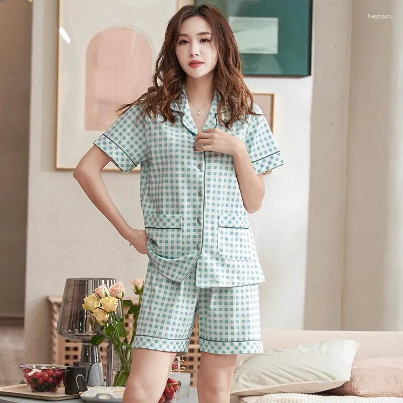 Women's Sleepwear Summer Cardigan Pajamas Sets Women Plaid Cotton Fashion Short Sleeve Suit 2 Piece Sexy Home Lounge Gift M-3XL