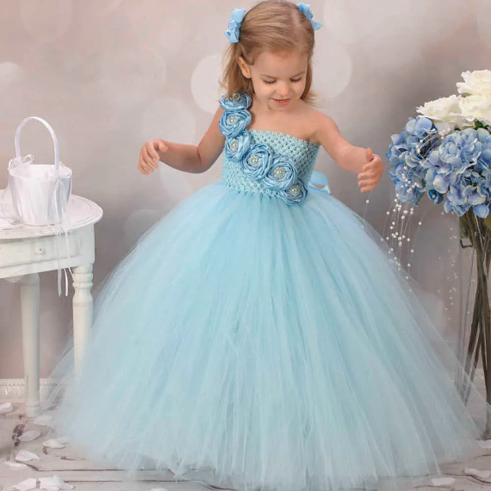 Mädchenkleider Blaues Mädchenkleid Blume Kausal Baby Mädchen Tutu Kleid Geburtstag Hochzeit Performance Kinderkleidung für Mädchen Größe 2-10YHKD230712