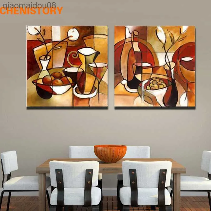 Unframed 2 Panel Handgemaakte Bloem Cup Set Abstract Modern Olieverfschilderij Home Decor Voor Keuken Wall Art Foto L230704