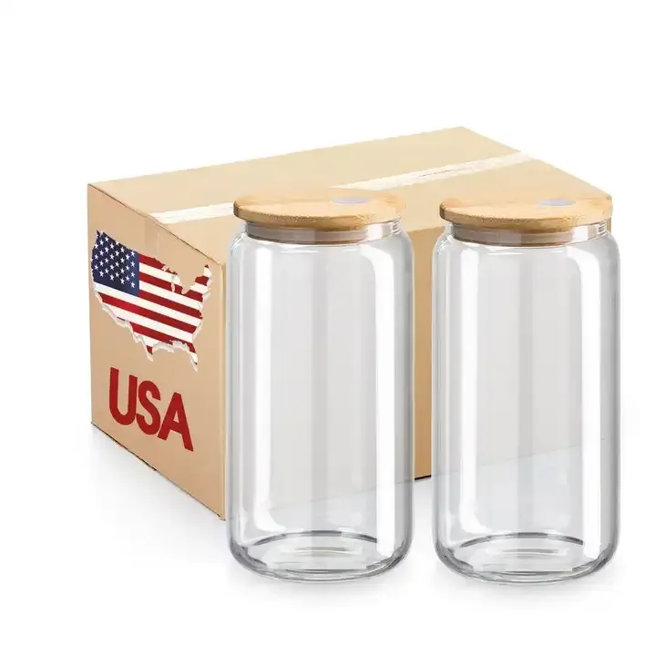 US STOCK Sublimazione Blanks 16oz Glass Can Tazze Clear Juice Bottiglia d'acqua con coperchio in bambù Tazze di latte fai da te per regalo