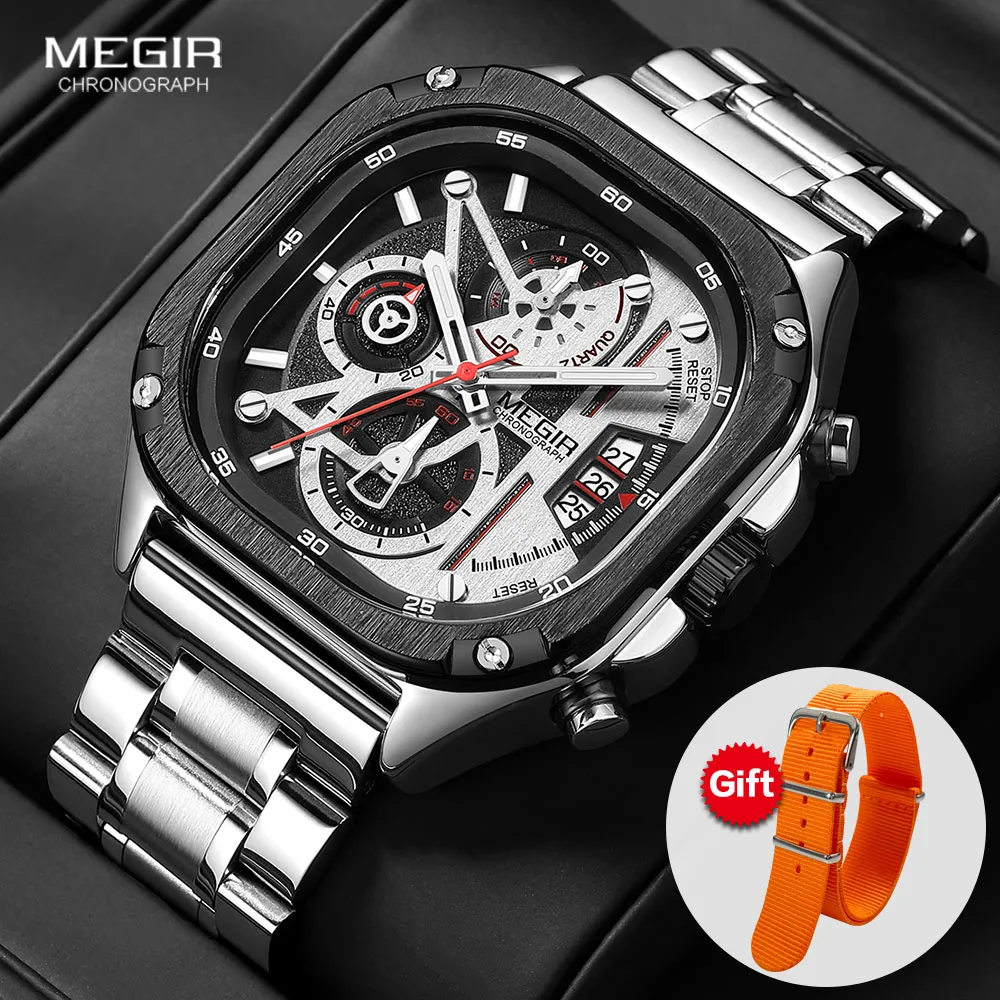 MEGIR cadran carré montre à Quartz hommes mode chronographe bracelet en acier inoxydable montre-bracelet avec aiguilles lumineuses Date automatique argent