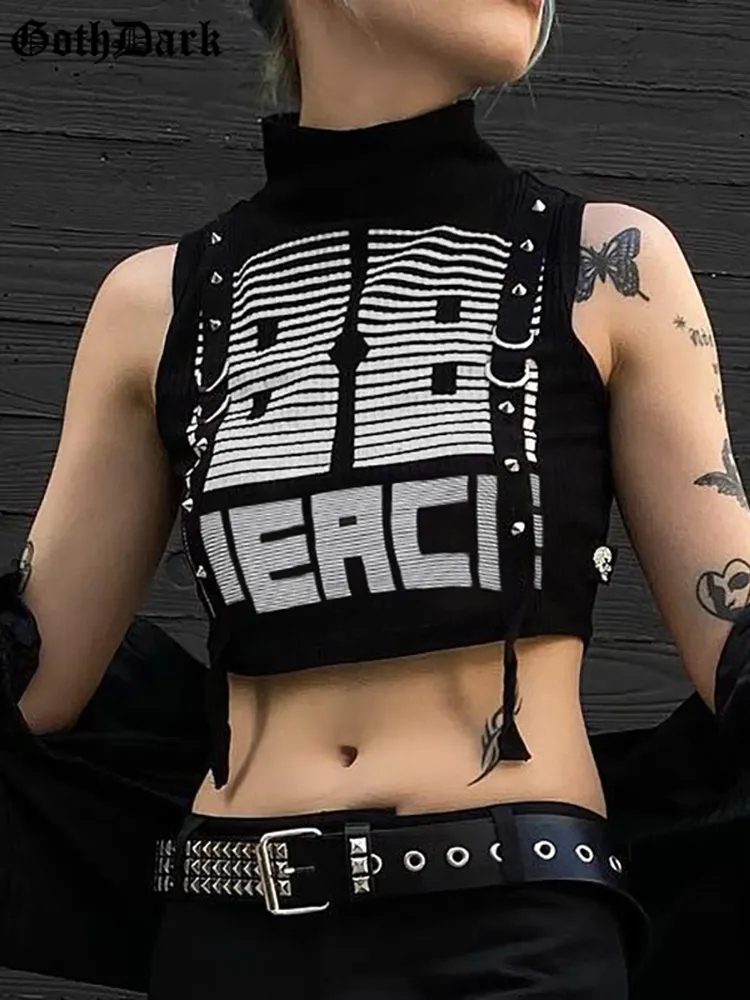 Женские танки Женская грузовая майка -майки Y2K Punk Technewear Прикованная уличная одежда майка Top Grunge Ultra Thin Turt