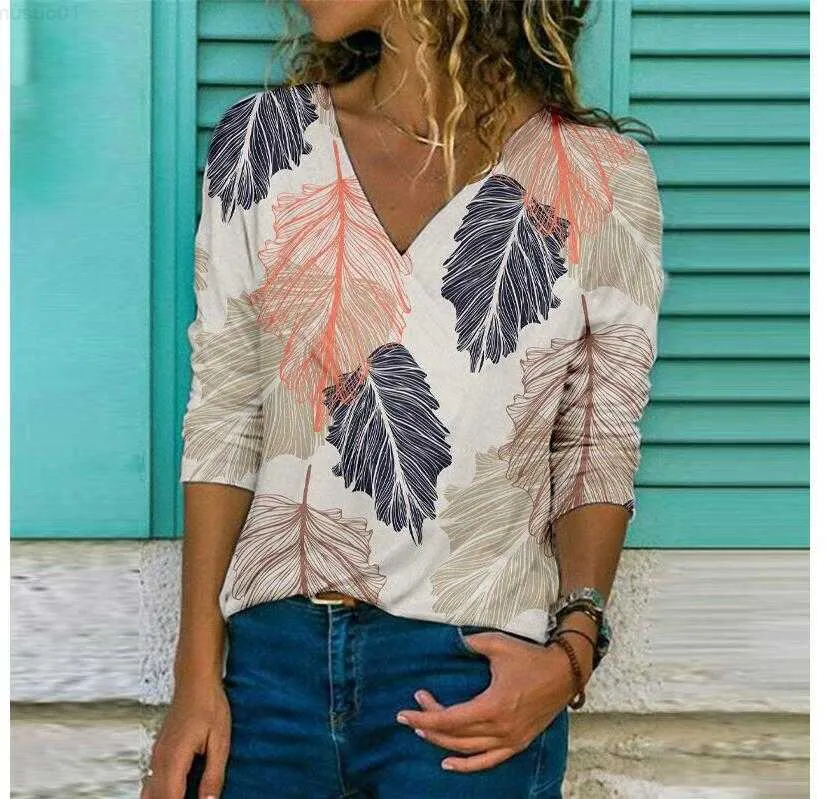 Femmes Blouses Chemises Mode Feuilles Imprimé Femmes Casual Lâche Tops Pull Printemps Automne Élégant Col En V À Manches Longues Blouse Chemises Femme Nouveau L230712