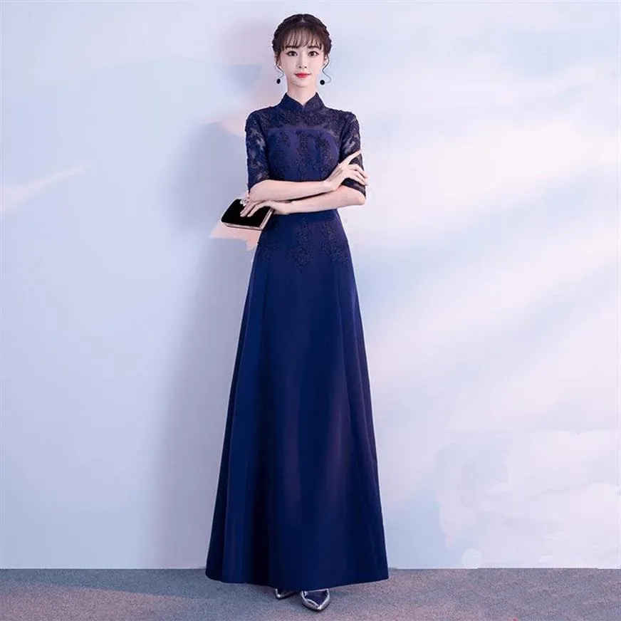 Etnische Kleding Marineblauw Applicaties Vrouwen Cheongsam Rok Lange Satijn Halve Mouw Banket Chinese Jurken Fit En Flare Gown Vestid2349