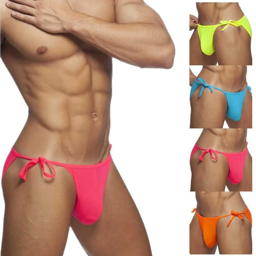 2021 Men's Swimming Trunks Solid Color Adult Tethered Sexy Beachwear Low Waist Bikini Menr7xl