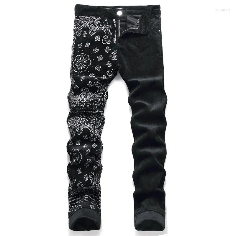 Men's Jeans Men Slim Fit Printed Corduroy Pants Floral Pattern Casual Black Long Trousers Hombre Patchwork Luxury Hip Hop Streetwear