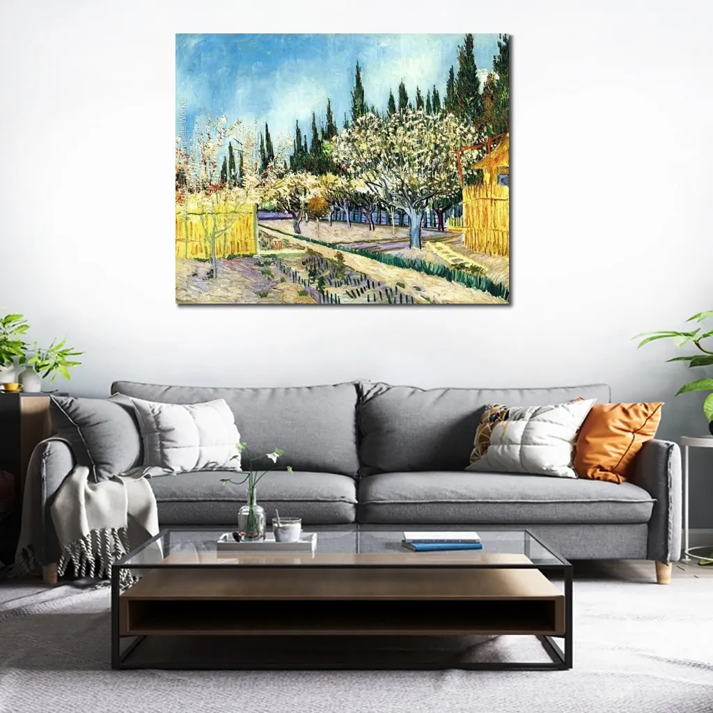 Canvas Art Orchard Surrounded by Cypresses Vincent Van Gogh Oil Painting Replicas Handmade Wall Decor High Quality