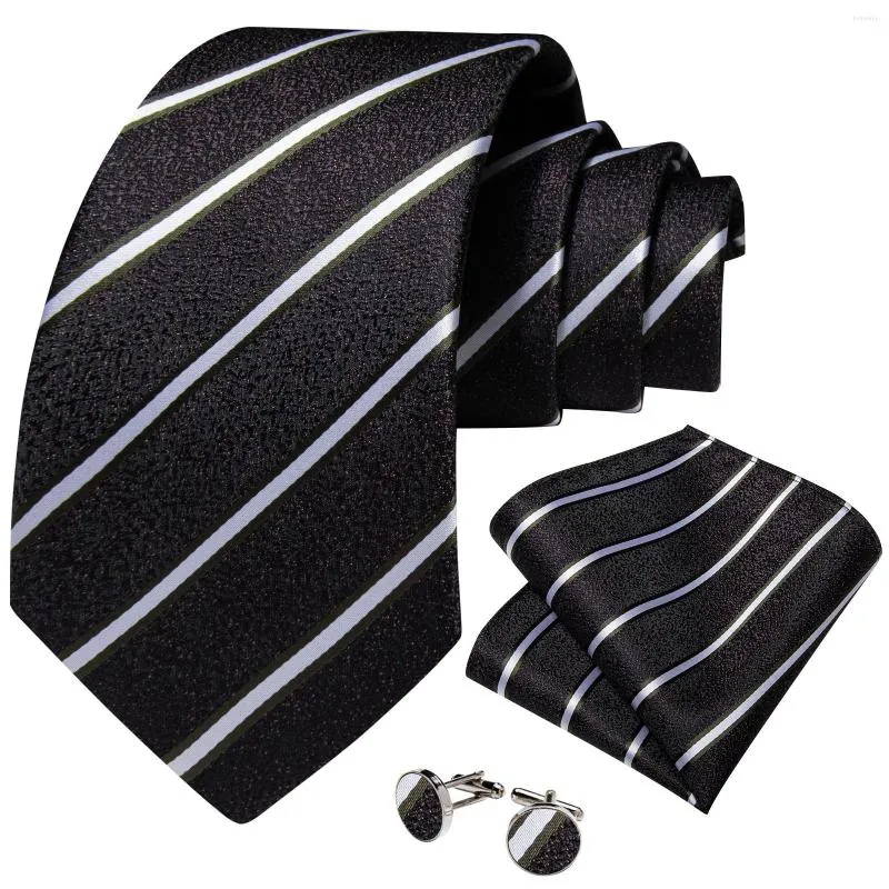 Papillon Classic White Striped Black Silk For Men 8cm Accessori da lavoro formale Cravatta Set Fazzoletto Gemelli Regalo all'ingrosso