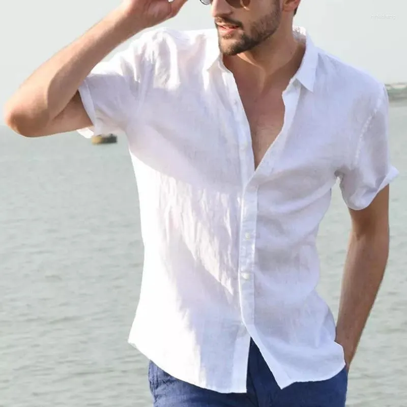 Camisas informales para hombre, verano 2023, camisa holgada de manga corta para hombre, cómoda camiseta de lino para hombre, Top de moda con cuello Polo para hombre