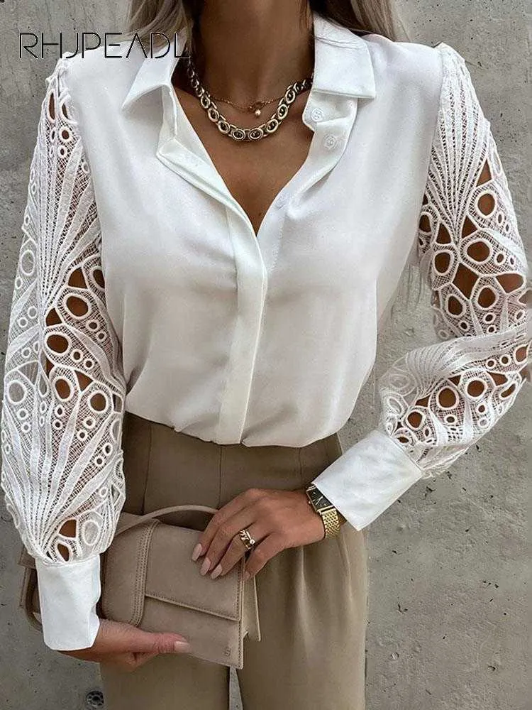 Dames Blouses Shirts Elegante Kanten Shirts Vrouwen Casual Lange Mouw Wit Zwart Knop Blouses Top 2023 Lente Zomer Mode Office Lady Shirt Tops L230712