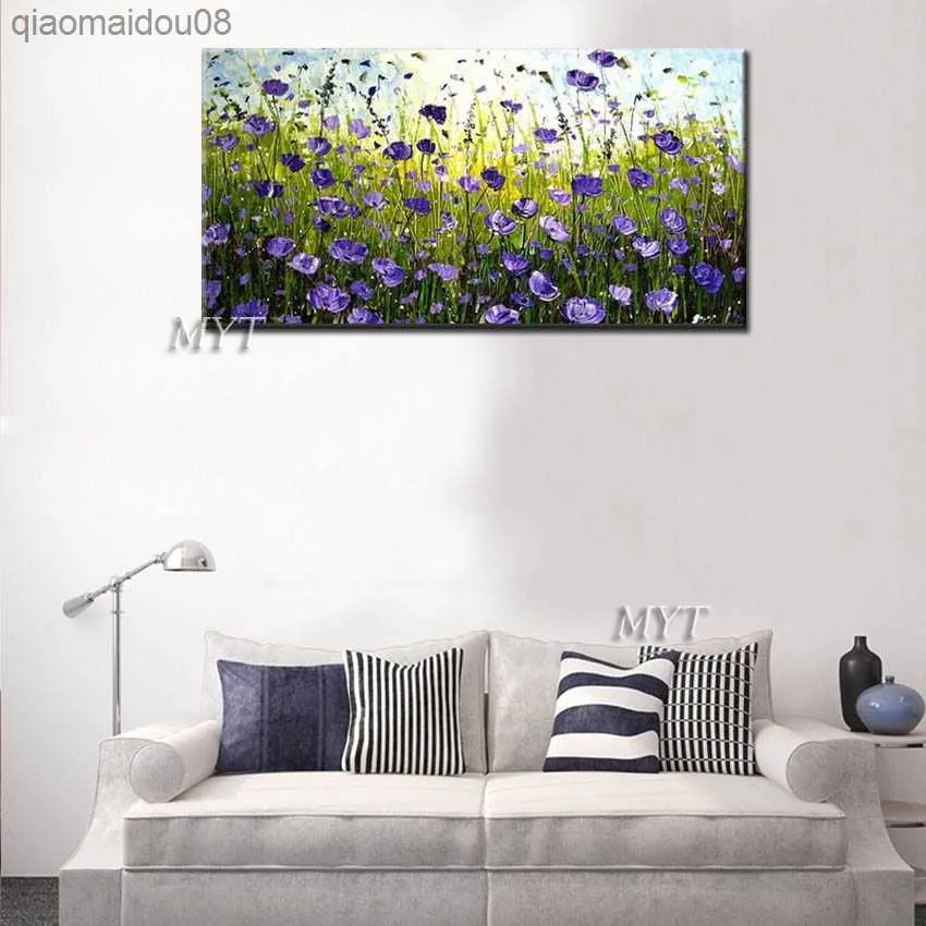 100% dipinto a mano astratto contemporaneo fiori viola pittura a olio murales decorazione del soggiorno. L230704