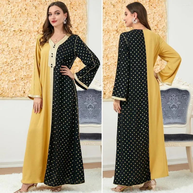 Vêtements ethniques contraste jaune noir couleur robe musulmane pour les femmes Ramadan arabe dubaï Abaya Eid Jalabiya Marocain islamique caftan marocain