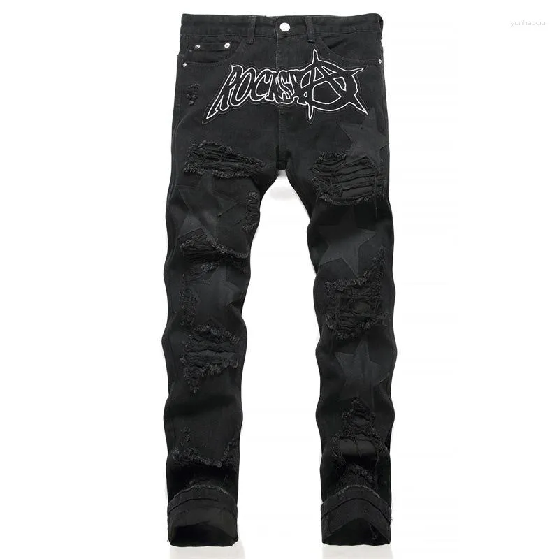 Erkekler Kot Siyah Yırtık Aplike İşlemeli Punk Stil Orta Düzeyli İnce Kalem Pantolon Moda Sokak Giyim